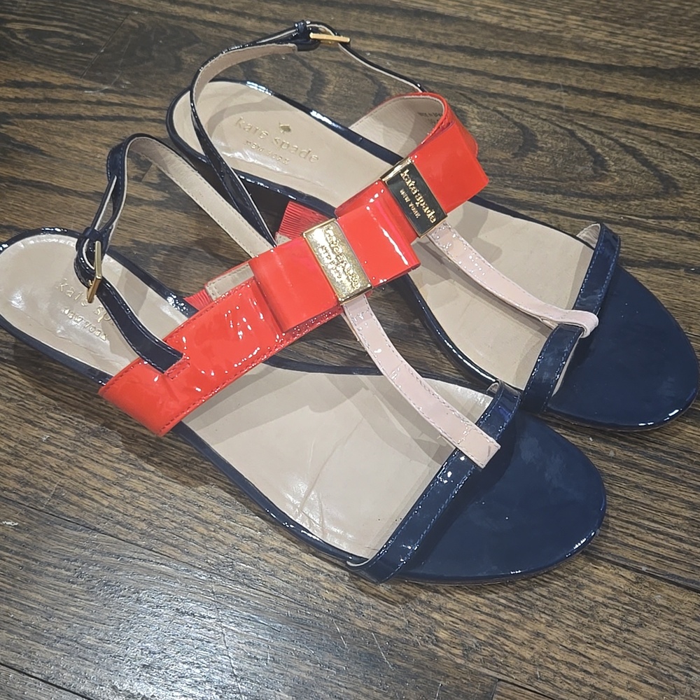 KATE SPADE NY patent leather wedges sandals Navy Orange 10